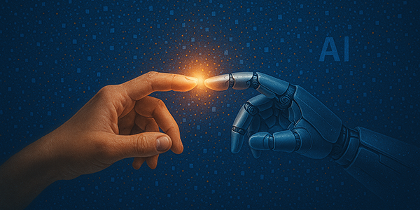 a human hand and robot hand touching each other with light coming off the touching finger tips